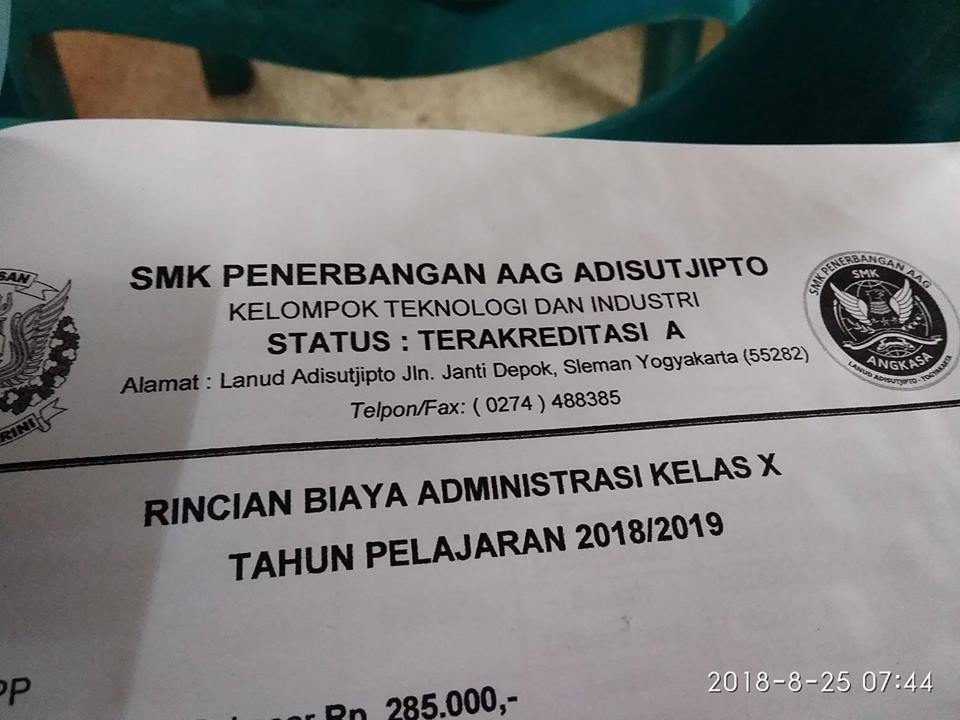 biaya pendidikan di SMK Penerbangan AAG Adisutjipto Yogyakarta